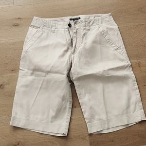 Khaki linen shorts.